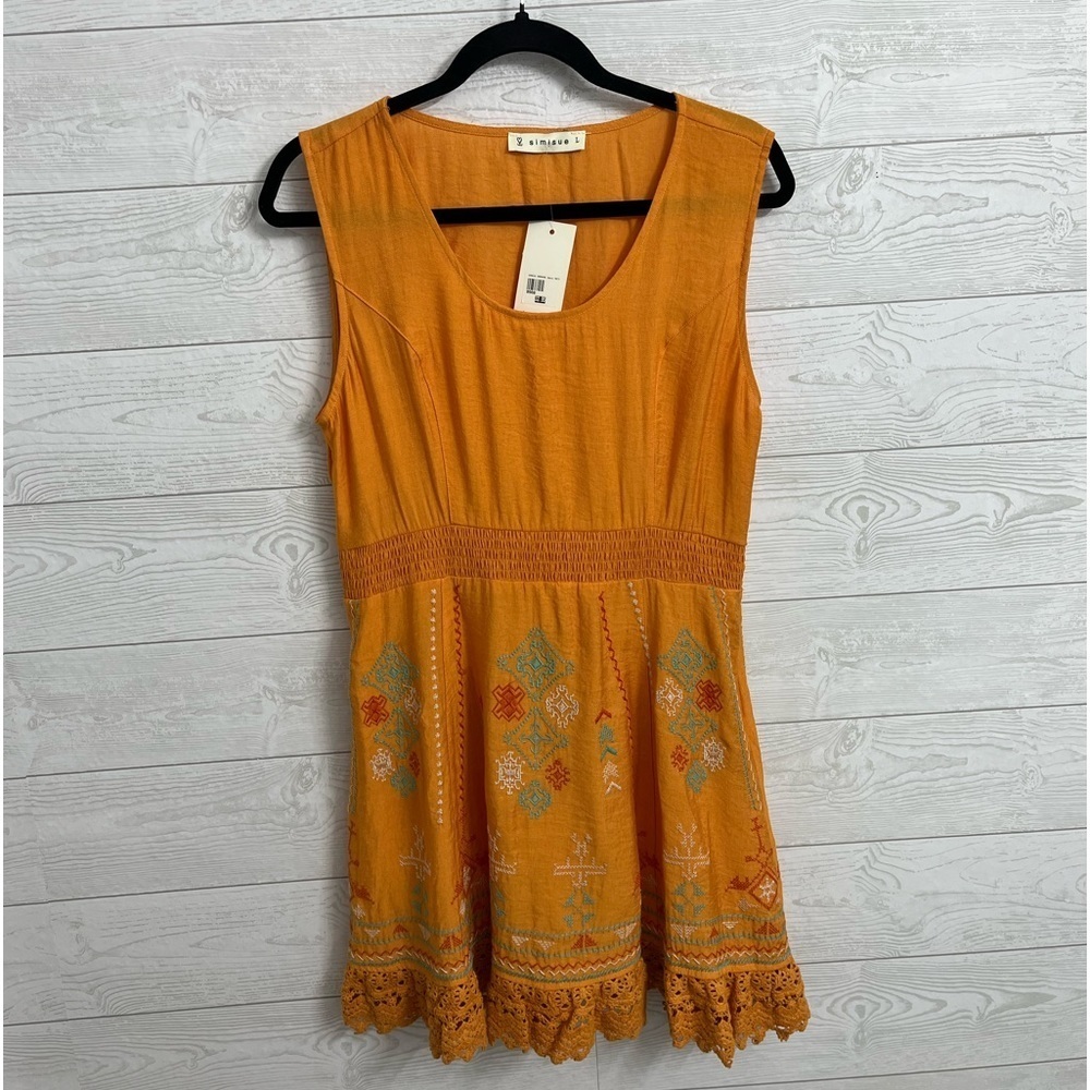 Simisue Women’s Orange Sleeveless Embroidered Mini Dress. Size L